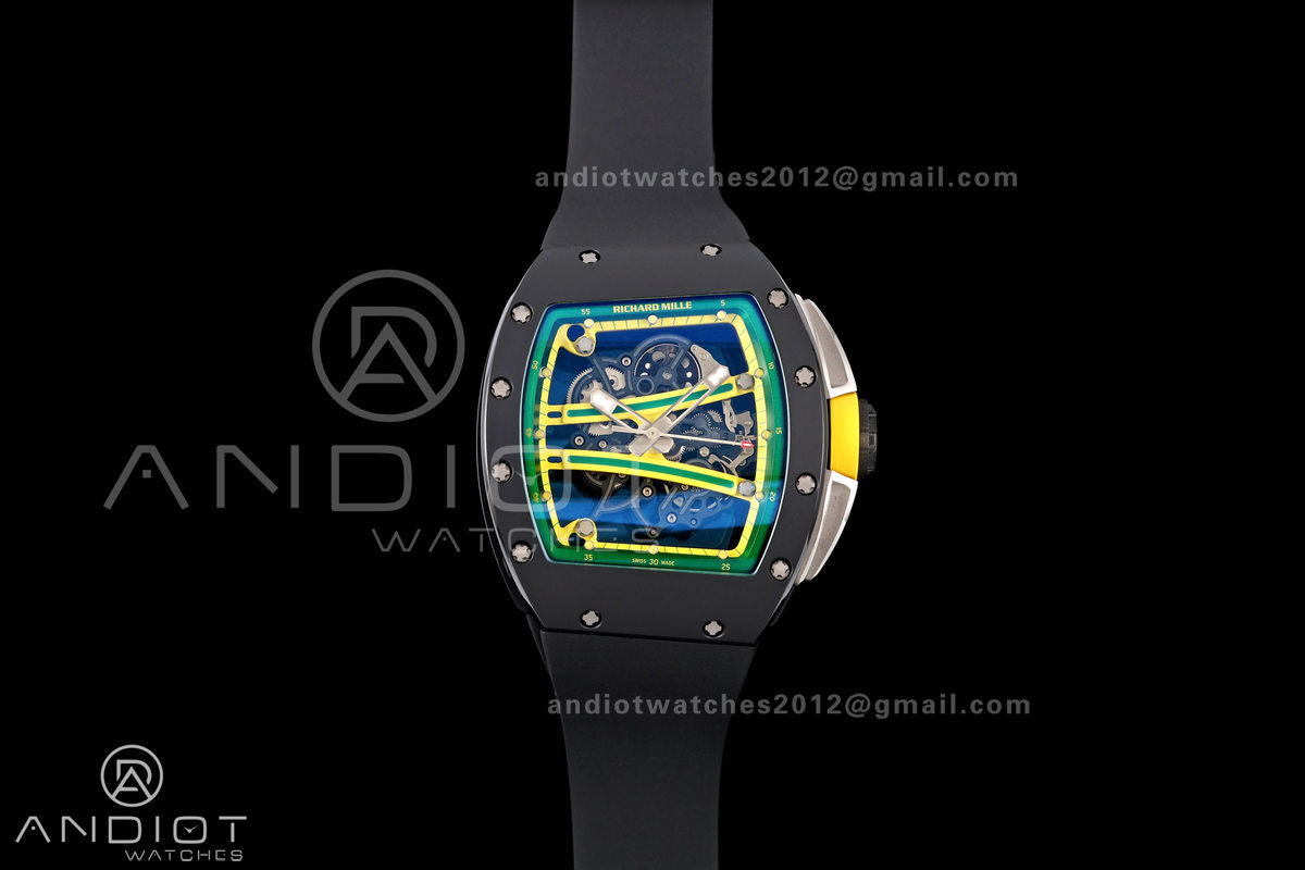 RM061 Black Ceramic A9F 1:1 Best Edition Green Inner Bezel on Black Rubber Strap RMUL2 Free Sprung
